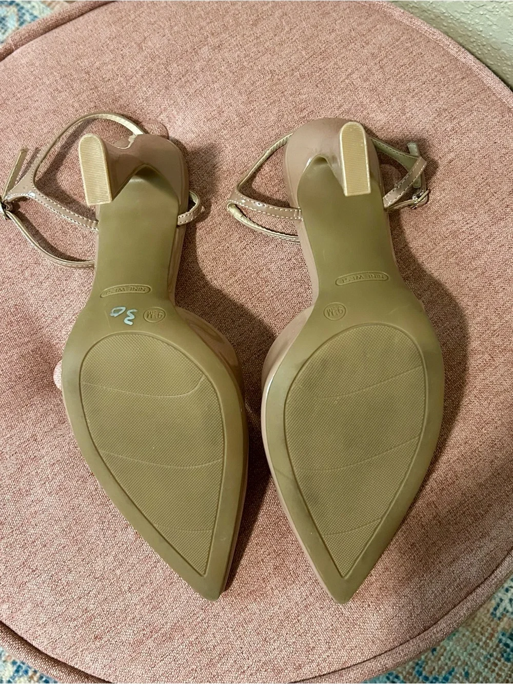 Nine West Blush Patent Block Heel Pumps with Ankle Strap